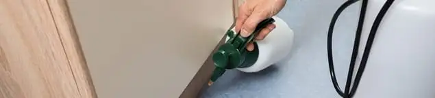 Bed bug exterminator treating baseboards and cracks with targeted spray in Tulsa, OK